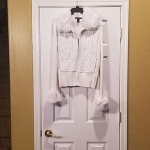 WHBM Winter White Sweater with Fur Trim